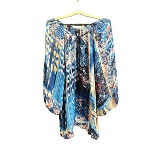 Urban Mangoz 100% Silk Kimono Blouse L Blue Floral Boho Sheer Tassel Tunic